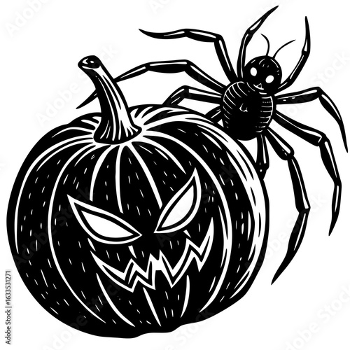A spooky jackolantern with a spider crawling on top, isolated on white background
