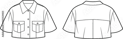 Short sleeve shirt technical drawing, front and back view, fashion flat sketch, buttoned chest pockets, pointed collar, yoke detail, garment design template, vector outline.