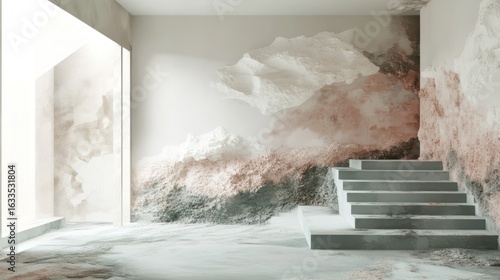 Interior scene with abstract mountain mural and concrete stairs
