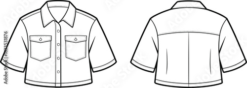Short sleeve button-up shirt technical drawing, front and back view, fashion flat sketch, garment design template, apparel blueprint, clothing illustration, vector outline.