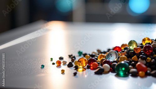 Closeup of colorful rare earth elements on table surface science display studio environment detailed view