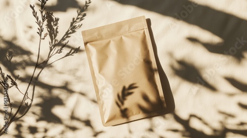 A beige paper pouch rests on a light beige surface, dappled with sun-dappled shadows.  Delicate dried plant stems and foliage are nearby