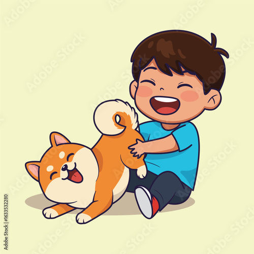 Happy boy playing with a Shiba Inu dog, cartoon style. vector illustration