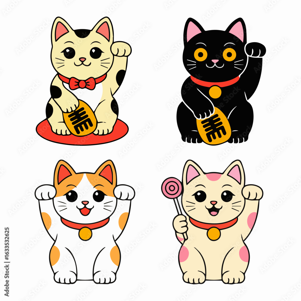 Fototapeta premium Cute Japanese Lucky Cat Character Set