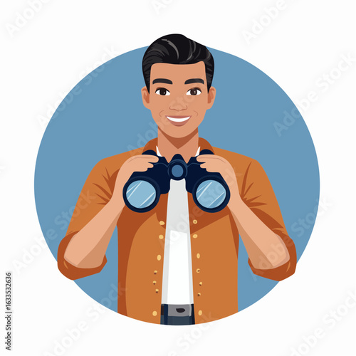 Close-up illustration of binoculars gripped by two hands, designed for adventure travel guides, nature magazines, and promotional materials emphasizing discovery and viewing precision

