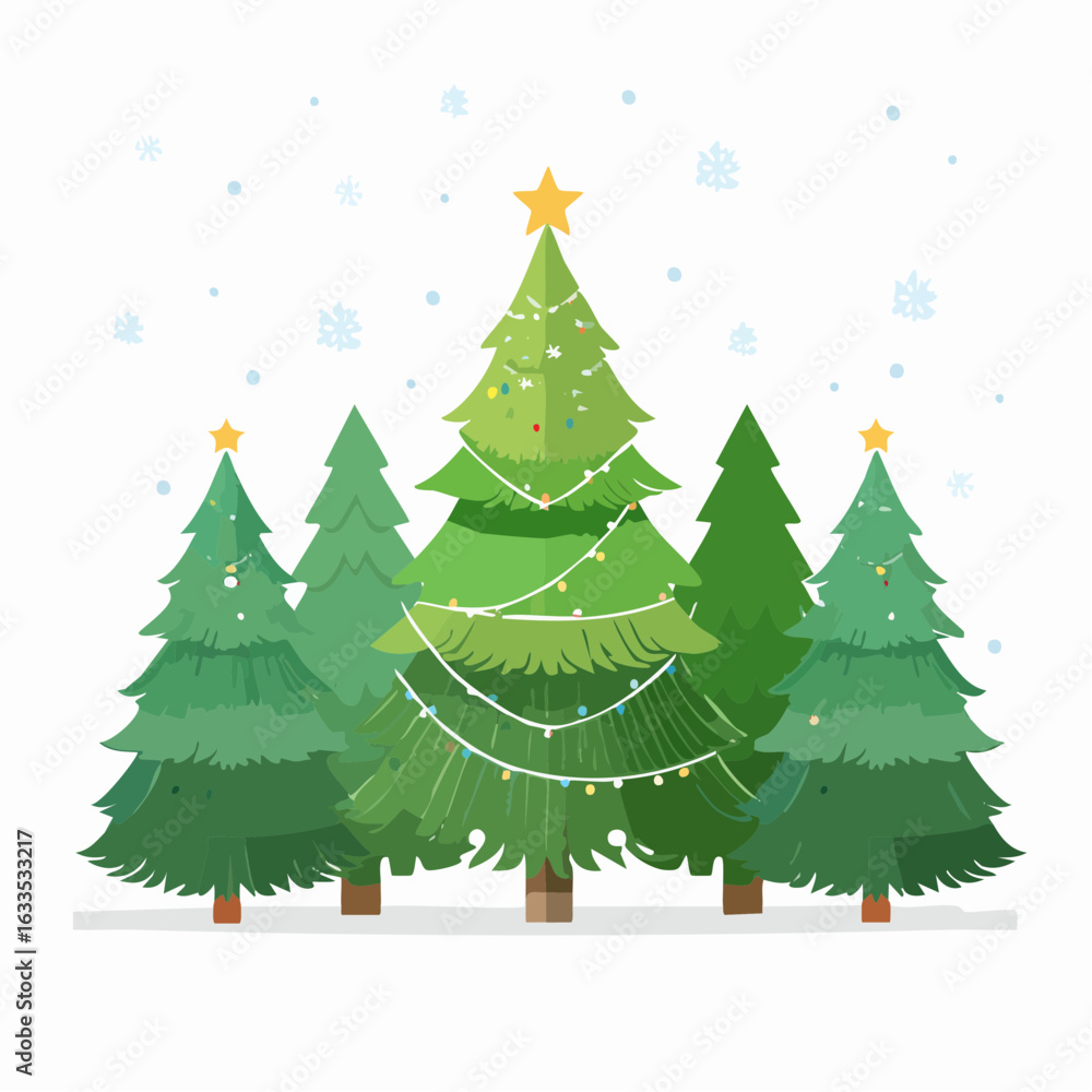 Obraz premium Playful tree lineup with star toppers and ornaments, designed for seasonal banners, posters, and digital ads in November and December 