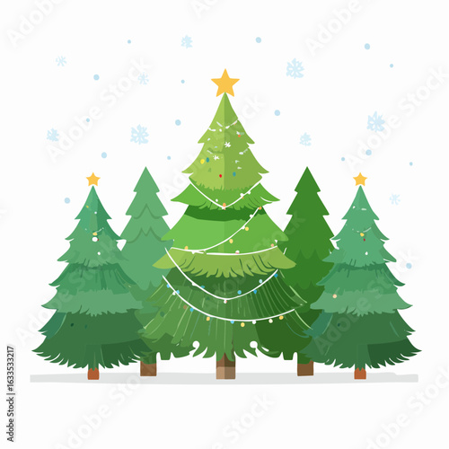 Playful tree lineup with star toppers and ornaments, designed for seasonal banners, posters, and digital ads in November and December

