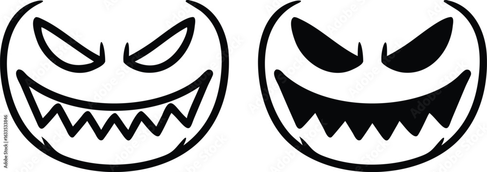 Fototapeta premium Halloween Evil Face Icon Vector, Scary Pumpkin Silhouette, Black White Minimal Illustration