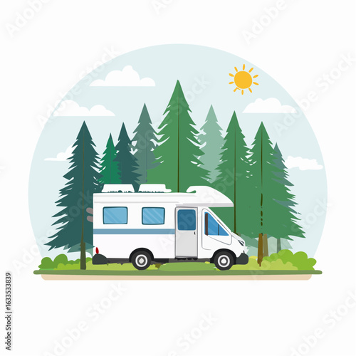 Cozy camper van parked beside a lush forest with a sunny sky, ideal for travel blogs, adventure marketing, RV lifestyle magazines, and campground signage
