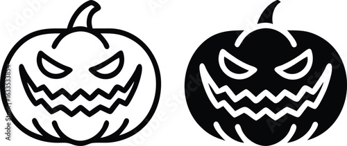 Halloween Pumpkin Icon Vector, Jack O Lantern Silhouette, Black White Scary Illustration