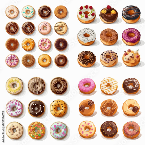 Vibrant collection of donuts in different shapes, flavors and toppings, displayed in a grid format.  The illustration showcases various styles of icing and toppings.