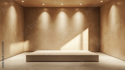 Minimalist beige room with a simple podium