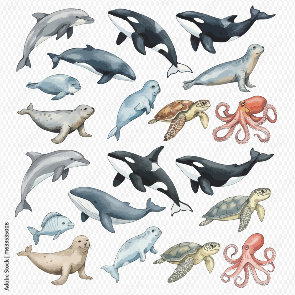 Fototapeta premium A collection of watercolor illustrations of marine animals like dolphins, whales, seals, turtles, and octopuses.