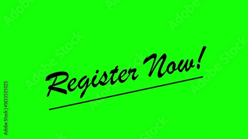 Register Now black color handwritten text animation on green screen
