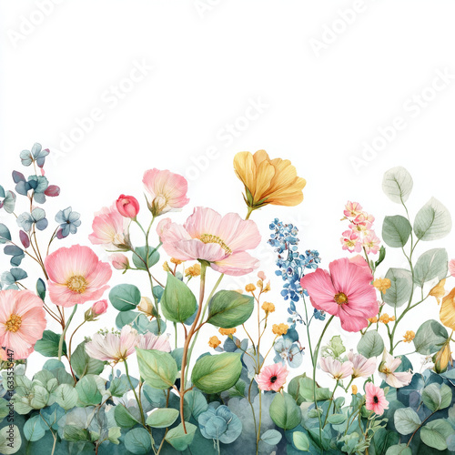 Floral border watercolor is charming and vibrant, captivating botanical design