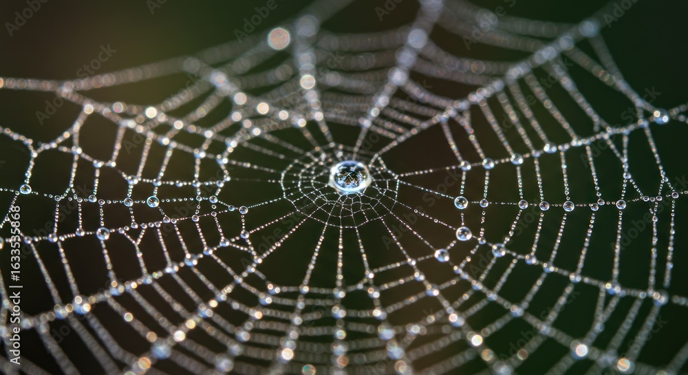 Obraz premium Dew-Kissed Web: A Delicate Macro Photograph of Nature's Intricate Design