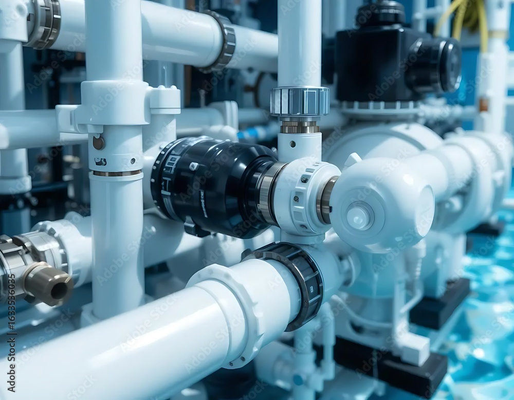 Fototapeta premium White industrial pipes with black valves, plumbing system for water treatment