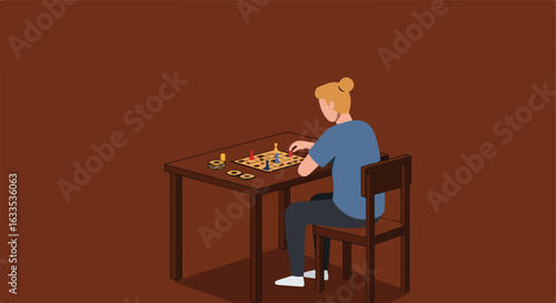 A person playing a board game alone at a table