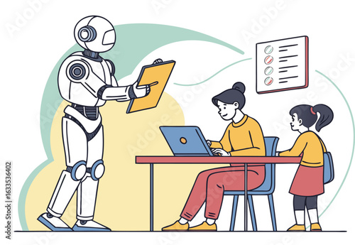 AI Assisted Learning Mother and Daughter Studying with Robot Assistant Illustration for Educational Technology Concepts