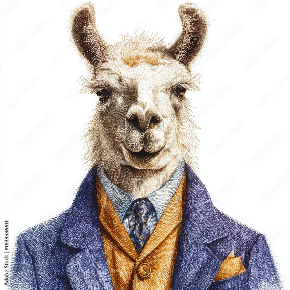 Fototapeta premium Llama in jacket looks dignified and refined, exuding an air of sophistication