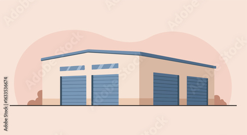 Low-angle cartoon building with three garage doors, windows, & minimal shrubs