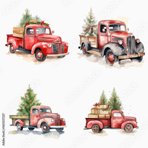 Set of four illustrations showcasing vintage red pickup trucks, each carrying christmas decorations like trees and presents.  The style is watercolor and conveys a festive atmosphere.