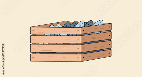 Cartoon wooden crate filled with blue fish on a light tan background