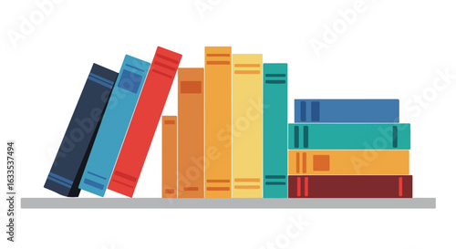 Colorful collection of books arranged on a gray shelf