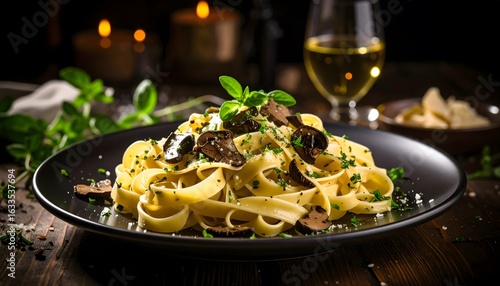 Elegant plated pasta dish with black olives fresh herbs and parmesan cheese served on a black plate in a rustic dark setting with glass of white wine in the background