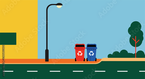 Simplified street scene with recycling bins, light pole, building, and trees