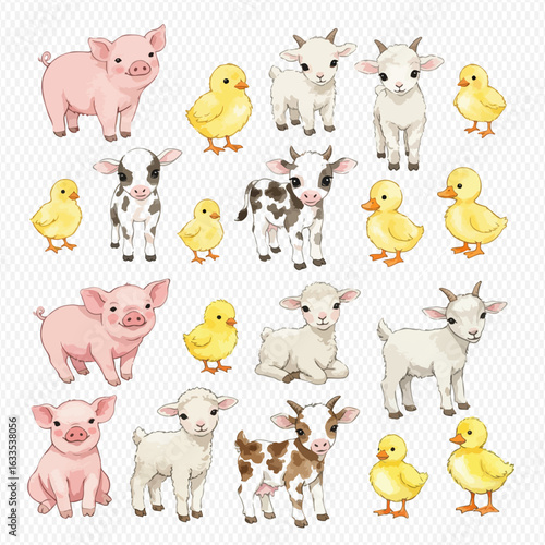 A charming collection of illustrated baby farm animals, including piglets, calves, lambs, goats, chicks, and ducklings.