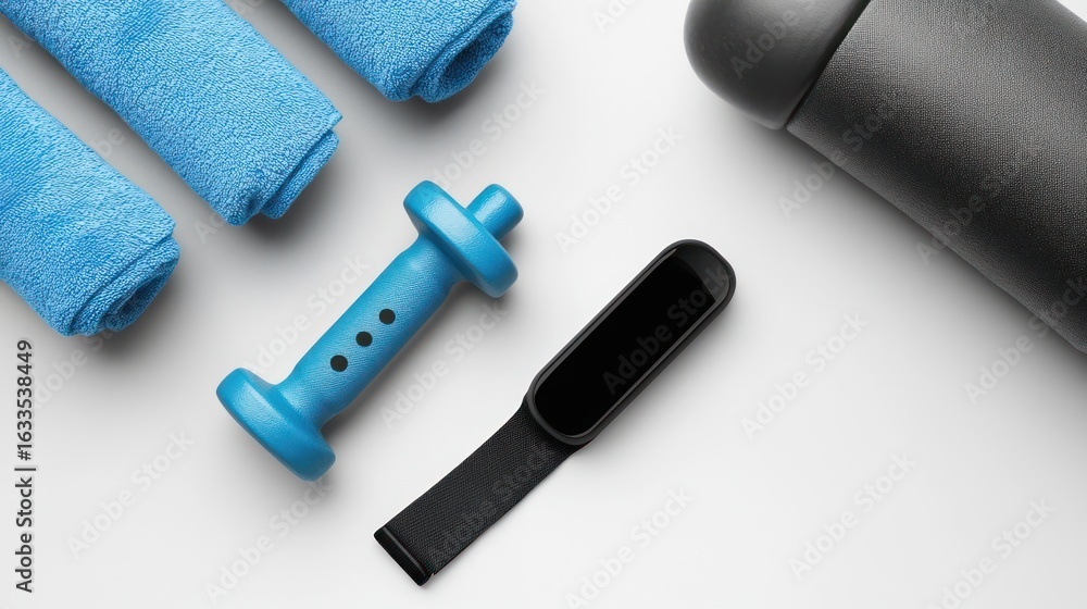 Fototapeta premium Fitness accessories laid out on a white surface. Rolled blue towels, a blue dumbbell, and a black fitness tracker are centrally arranged, with a gray water bottle positioned on the right side