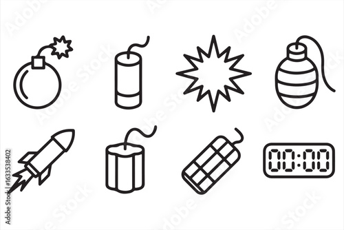 Line Art Bomb Icons – Grenade, Rocket, Explosion Symbols