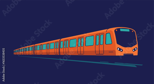 Orange train with turquoise windows on tracks against dark blue background
