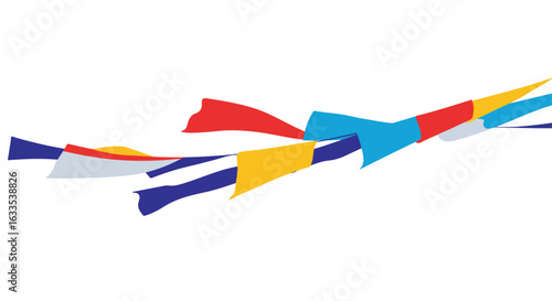 Colorful flags blowing left to right