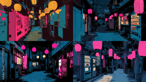 Cyberpunk alley at night with neon pink and blue lights, vending machines, and lanterns. Modern futuristic urban scene perfect for background design, nightlife art, and sci-fi city concepts.