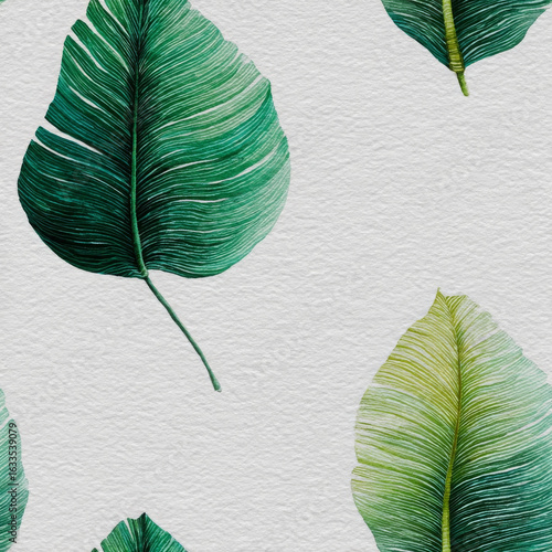 Watercolor banana leaf fills frame creating lush, vibrant feel