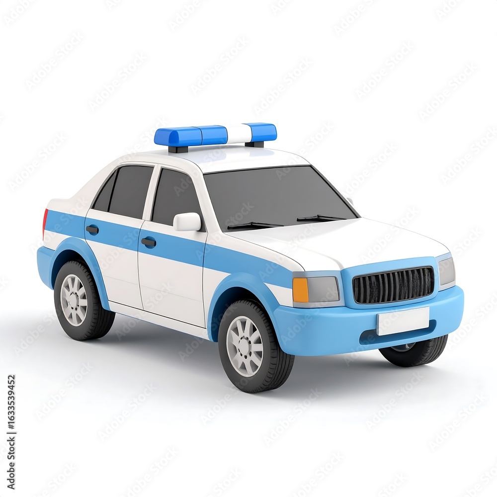 Cartoonish police car, white and blue, isolated on white background. Cartoonish police car, white and blue, isolated on white background.