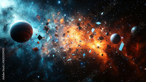 Fototapeta Naklejka Na Ścianę i Meble -  vibrant orange and blue nebula, chaotic field of glowing space debris,