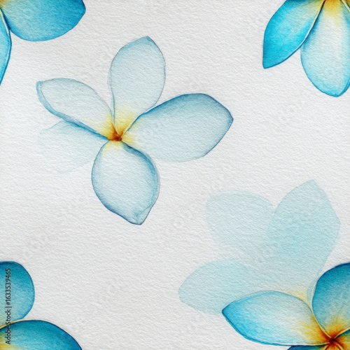 Elegant plumeria blossoms float serenely on white background, calming watercolor