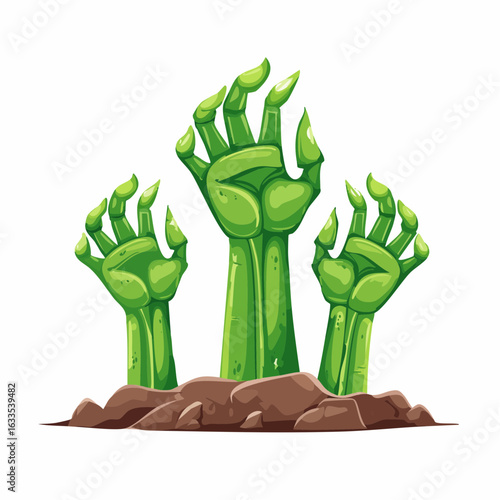 Comic-style zombie appendages bursting from the earth in bright green, suitable for children's events with a fun twist or edgy horror marketing
