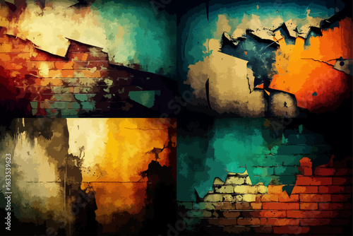 Four-part graphic design featuring cracked and peeling paint on aged brick walls in a variety of warm and cool colors.