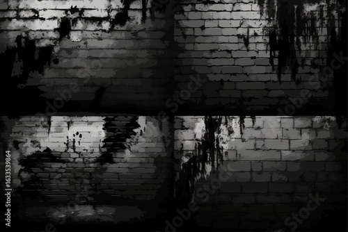 Collection of four monochrome panels, each depicting an aged,  distressed brick wall with visible dirt, stains, and drips.