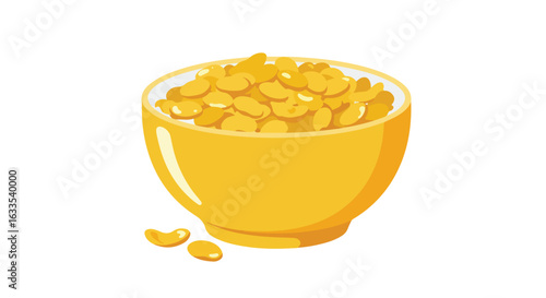 Yellow bowl overflowing with golden grains, two separate