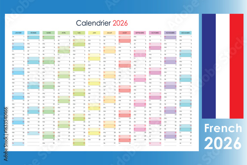 Planner Calendar 2026 French, colorful yearly wall planner template