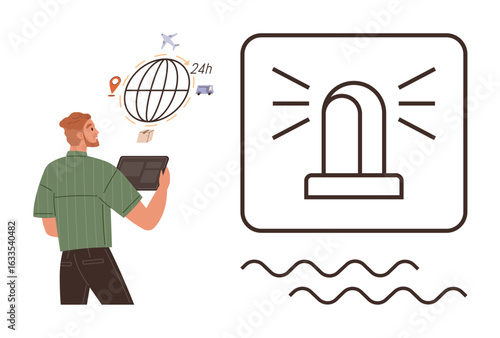 Man using tablet to oversee global logistics operations with icons of globe, airplane, truck, and mail representing deliveries. Alarm symbol signals attention. Ideal for delivery, shipping, tracking