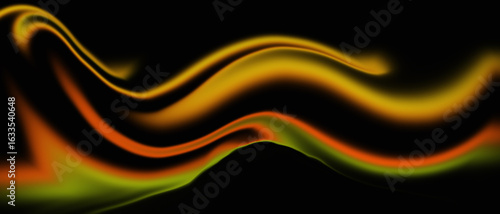 Abstract flowing waves of vibrant orange, yellow, and green light against a deep black background.