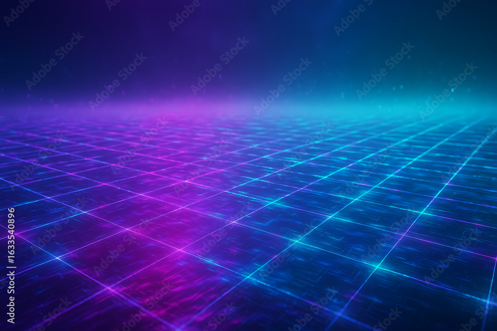 Futuristic glowing neon grid surface with digital blue and purple horizon background, virtual reality tech floor landscape, immersive cyberspace light terrain, 3d abstract digital technology backgroun