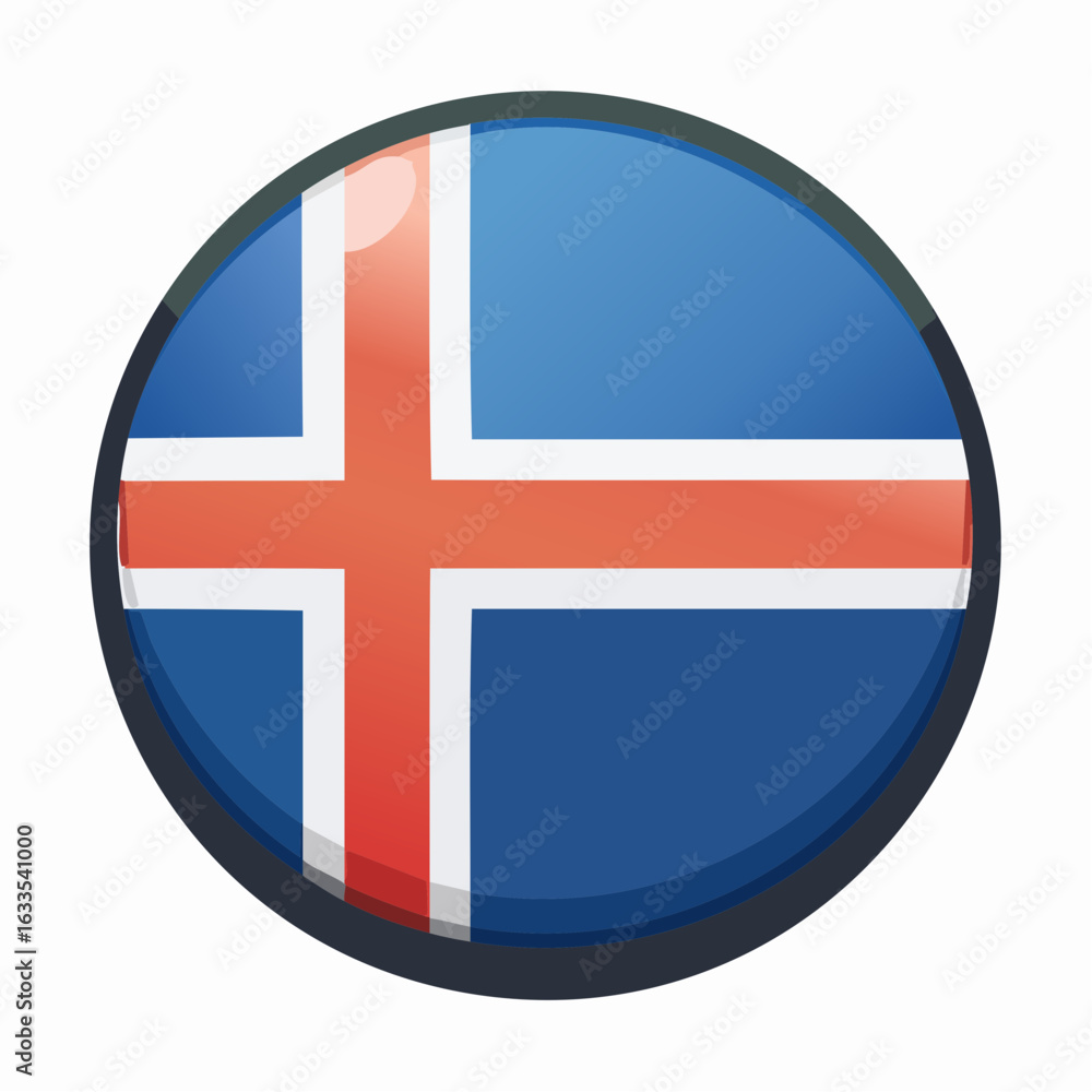 Fototapeta premium Circular Iceland flag badge featuring the Nordic cross on a blue field with red and white accents, ideal for travel campaigns, cultural events, and educational resources 
