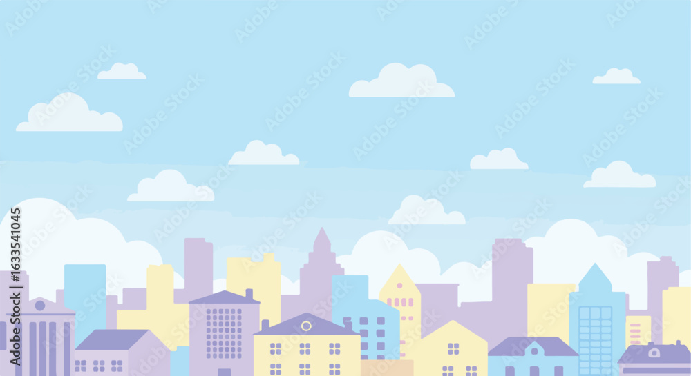 Pastel cityscape with buildings and a sky with fluffy clouds Pastel cityscape with buildings and a sky with fluffy clouds